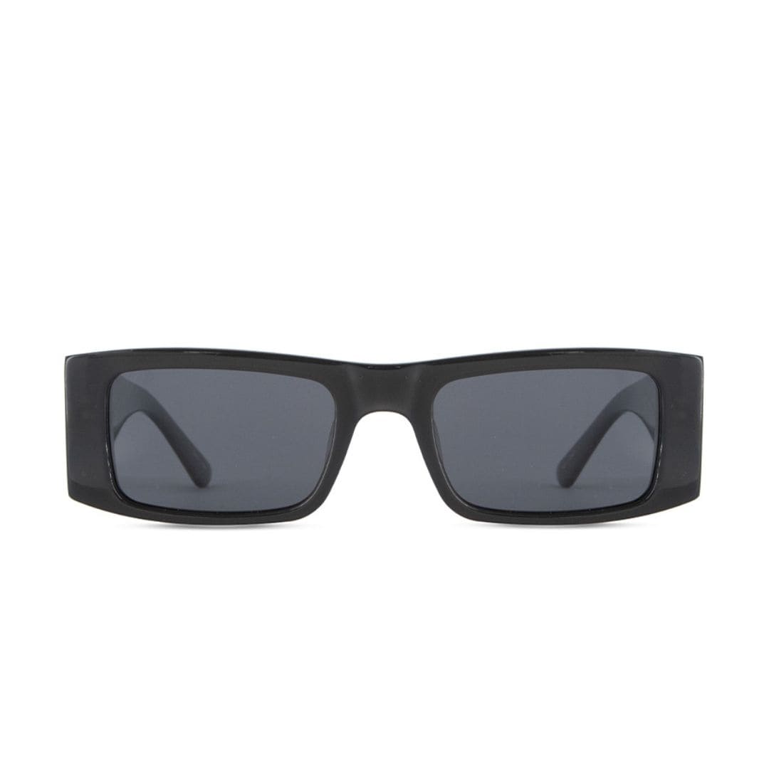 ANTEOJO DE SOL VULK 80S C1 POLARIZED FRENTE. ARMAZON DE ACETATO BIODEGRADABLE CON PATILLAS DE ACETATO CON ALMA DE METAL BISAGRAS METALICAS. COLOR NEGRO BRILLO CON LENTES COLOR GRIS COMPACTO