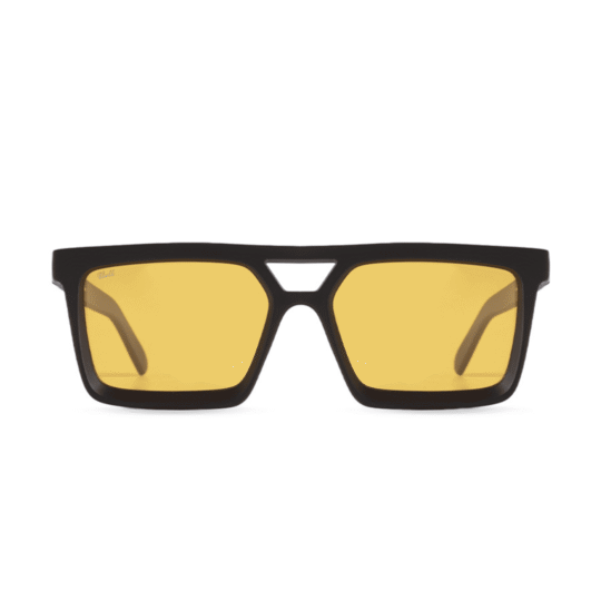 ANTEOJO DE SOL VULK CRIMSON MBLK DR 75 FRENTE. ARMAZON Y PATILLAS G-FLEX. COLOR NEGRO MATE. LENTES COLOR AMARILLAS POLARIZADAS