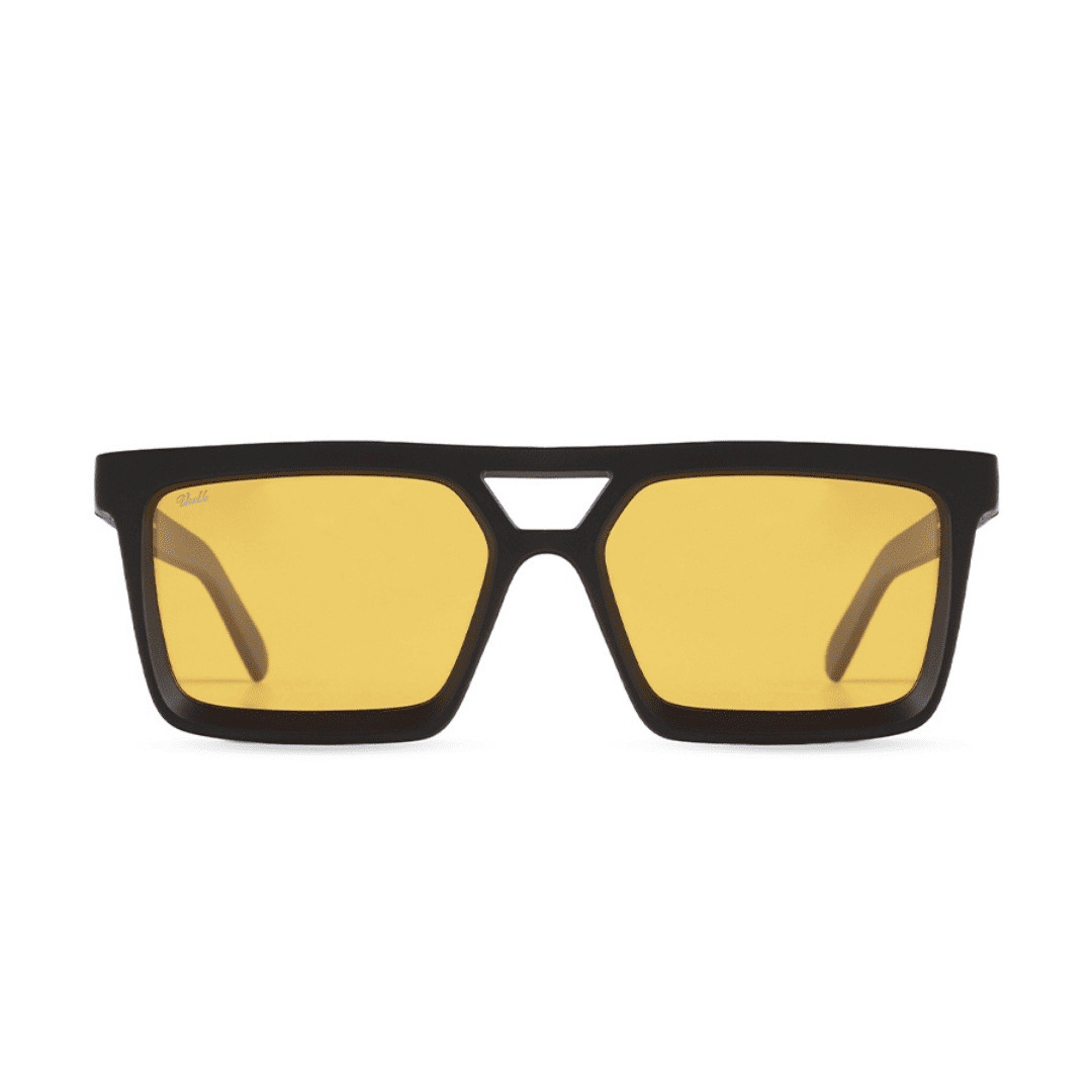 ANTEOJO DE SOL VULK CRIMSON MBLK DR 75 FRENTE. ARMAZON Y PATILLAS G-FLEX. COLOR NEGRO MATE. LENTES COLOR AMARILLAS POLARIZADAS