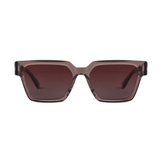 ANTEOJO DE SOL RUSTY ABOP C1 FRENTE. ARMAZON DE ACETATO BIO BASED. PATILLAS DE ACETATO. LENTES POLARIZADAS. MODELO DE COLOR ROSA TRANSLUCIDO. LENTES COLOR MARRON ROSADO DEGRADE