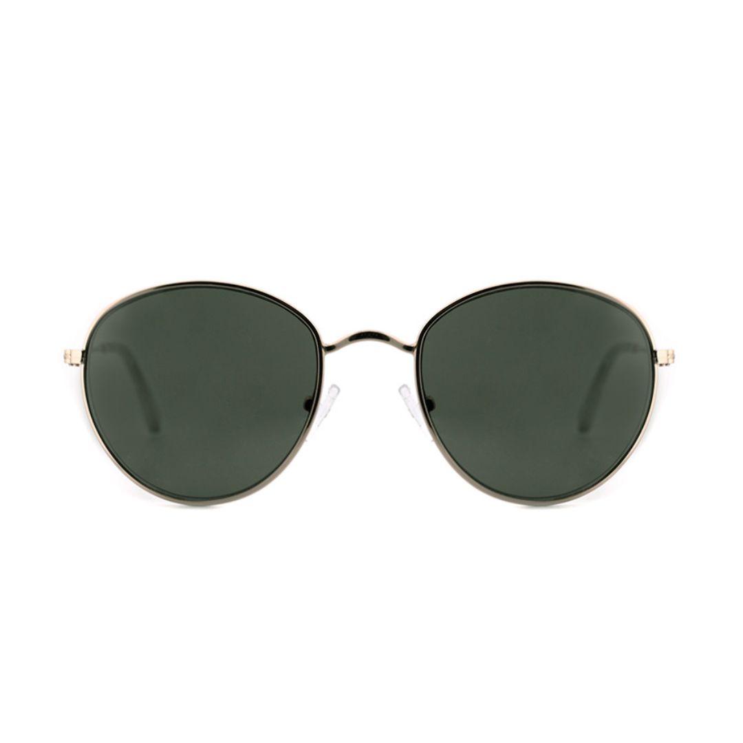 ANTEOJO DE SOL RUSTY TAYTER LGD GREEN FRENTE Y PATILLAS DE METAL CON LENTES DE POLICARBONATO POLARIZADAS. MODELO DE COLOR DORADO CON LENTES COLOR G-15 VERDE COMPACTO