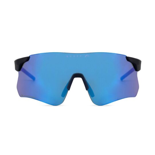 ANTEOJO DE SOL RUSTY PASS MBLK_REVO BLUE FRENTE. ARMAZON DE G-FLEX CON PLACAS DE POLICARBONATO. MODELO COLOR NEGRO MATE CON LENTES AZUL ESPEJADO