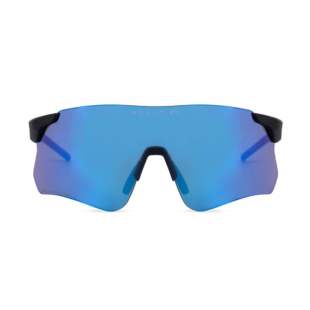 ANTEOJO DE SOL RUSTY PASS MBLK_REVO BLUE FRENTE. ARMAZON DE G-FLEX CON PLACAS DE POLICARBONATO. MODELO COLOR NEGRO MATE CON LENTES AZUL ESPEJADO