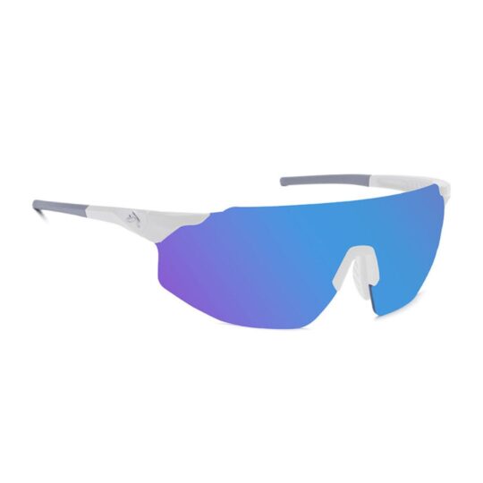 Anteojo de sol rusty genus swhite/real blue. armazon de g-flex con placa de policarbonato. Modelo deportivo color blanco con lentes espejadas azules