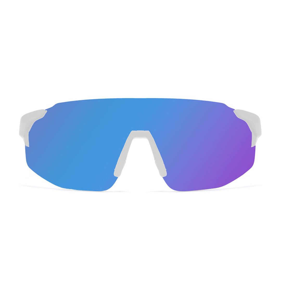 Anteojo de sol rusty genus swhite/real blue. armazon de g-flex con placa de policarbonato. Modelo deportivo color blanco con lentes espejadas azules