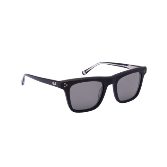 VULK ROLLING STONES I SEE C1. Armazón de acetato biodegradable. Patillas de Acetato | Bisagra de acero inoxidable | Detalle de logo RS en las terminales de la patilla. Lentes de Policarbonato | 100% Protección UVA y UVB. Modelo de color negro mate con lentes gris compacto